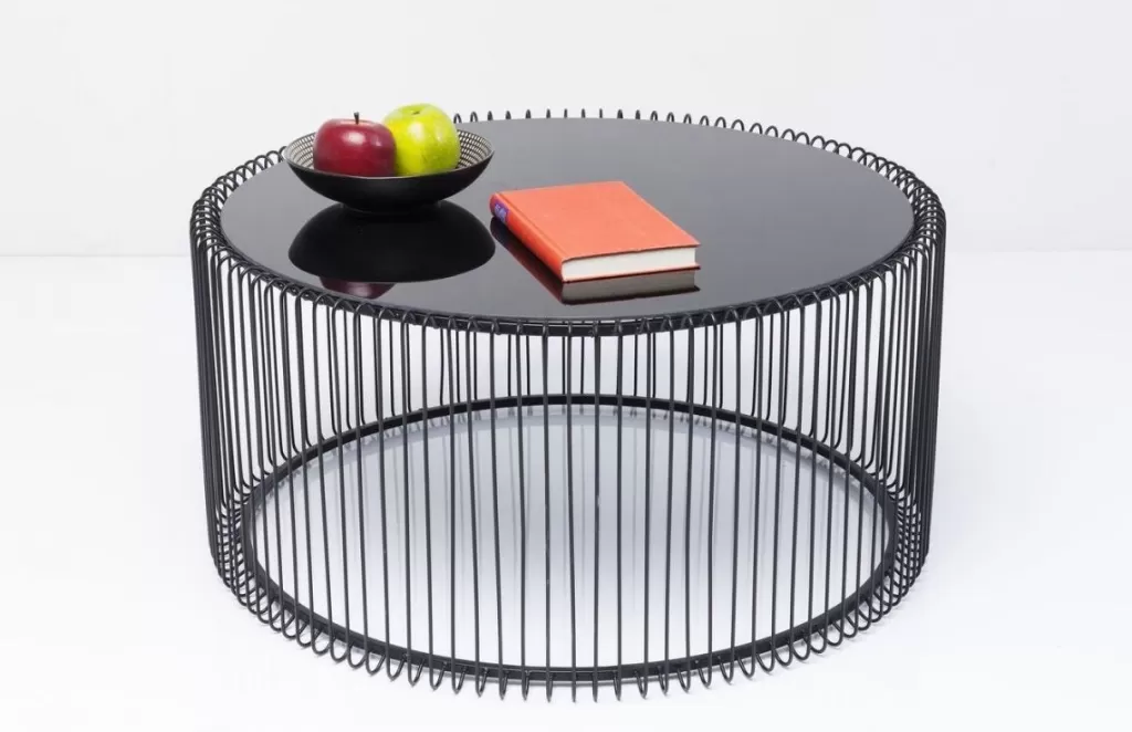 Table basse design moderne KARE Wire Uno en fil métallique - Finition noir élégante - Diamètre 80 cm parfait pour salon